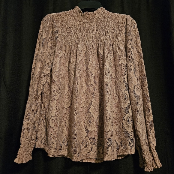 Blush Mock Neck Lace Blouse with Long Sleeves Medium Cable and Gauge - Picture 4 of 6
